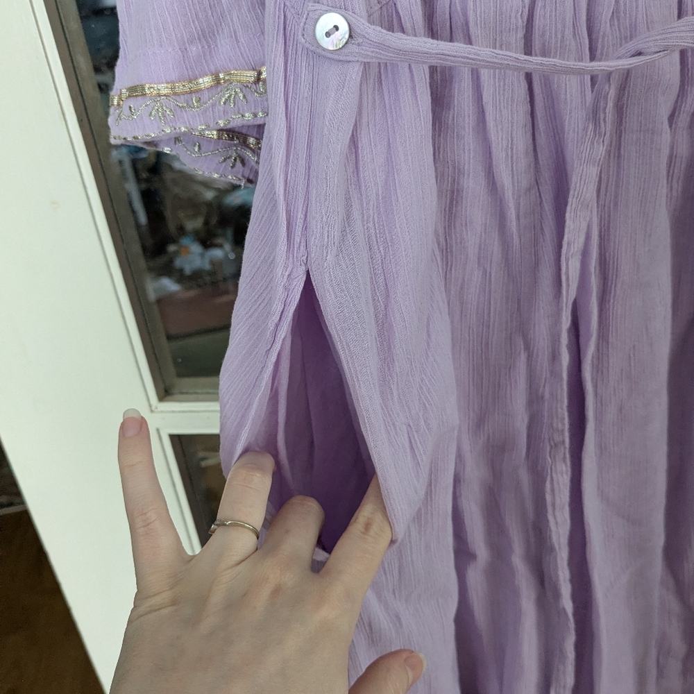April Cornell Lavender V Neck Cotton Maxi Dress With Gold Embroidery Size Small - Picture 6 of 7
